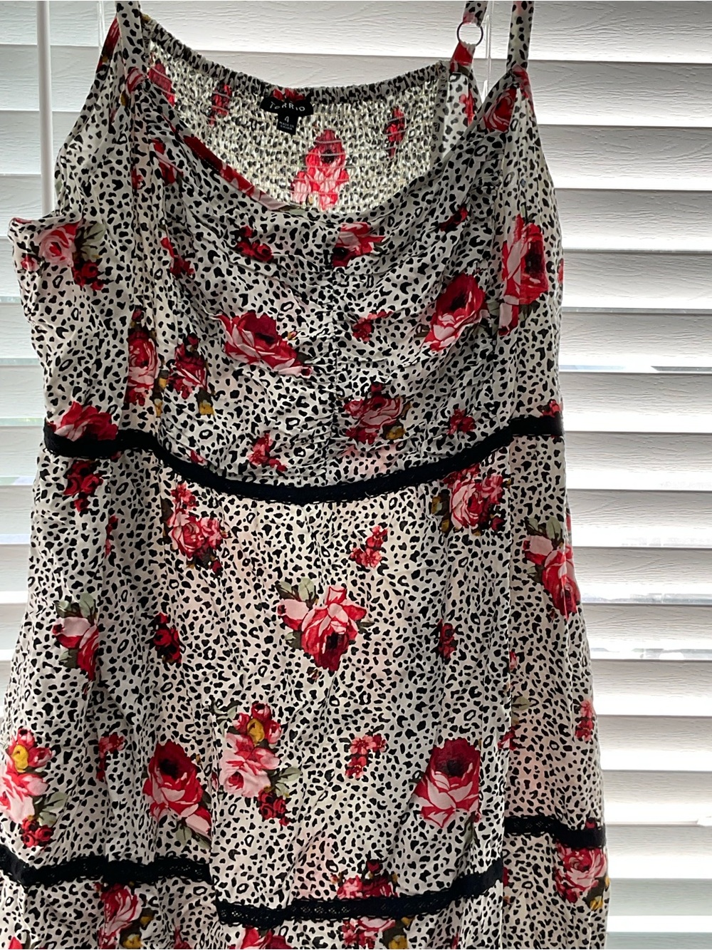 White Floral Cowl Neck dress with Black Trim